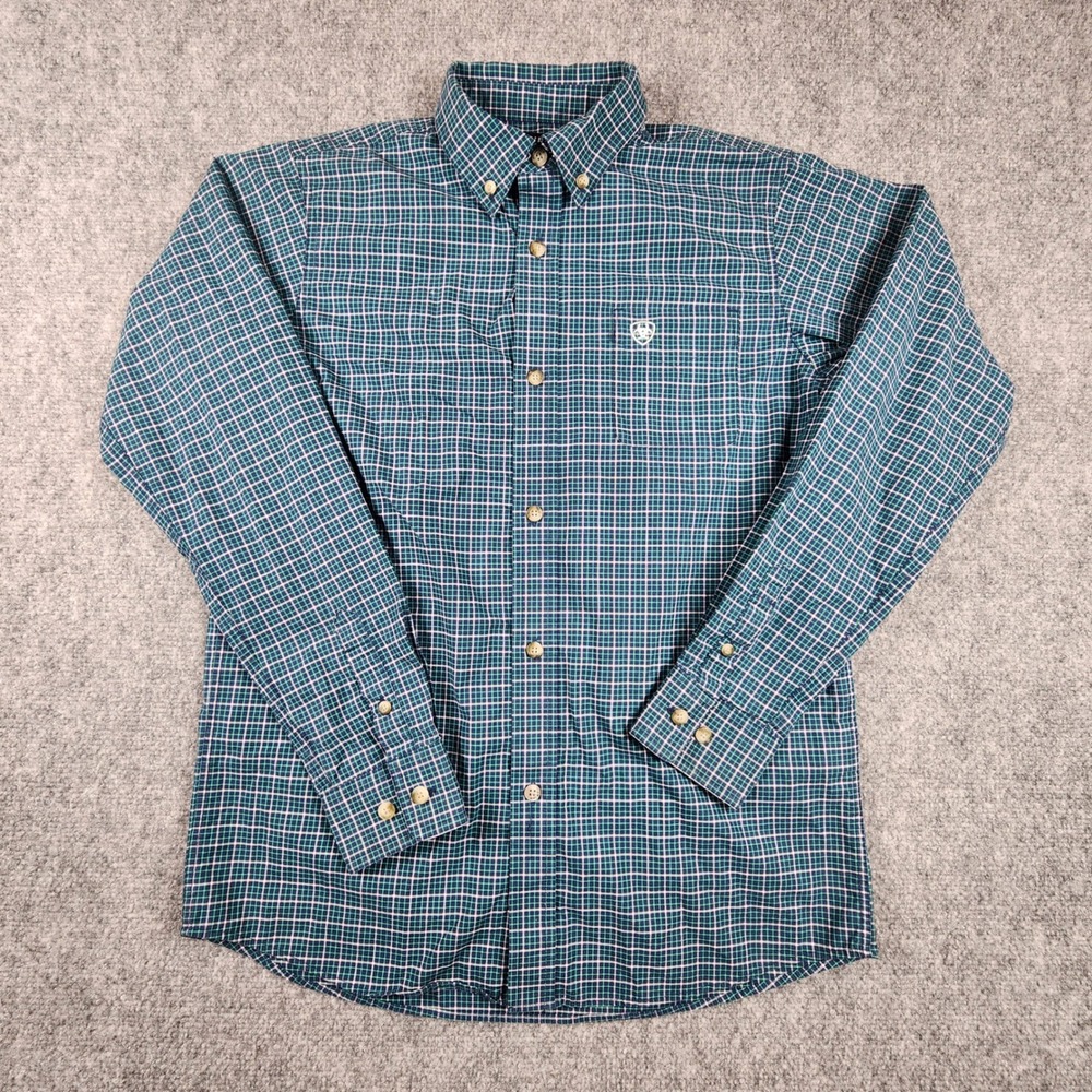 Ariat Pro Series Boys Large 14-16 Teal Navy Check Stretch Button Down Shirt